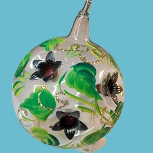 Hand Painted Glass Christmas Ornament  Floral embedded metal Flower  Accents